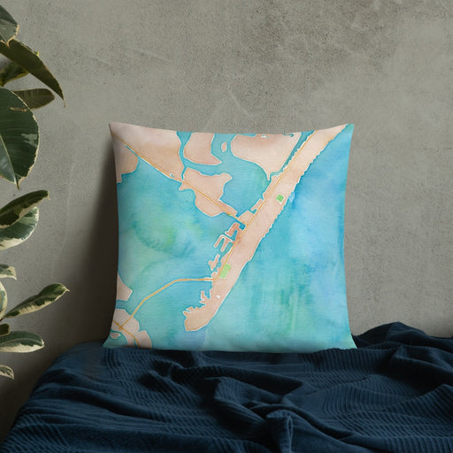 Custom Stone Harbor New Jersey Map Throw Pillow in Watercolor on Bedding Against Wall