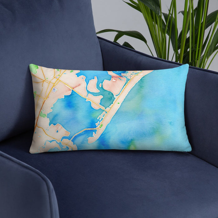 Custom Stone Harbor New Jersey Map Throw Pillow in Watercolor on Blue Colored Chair