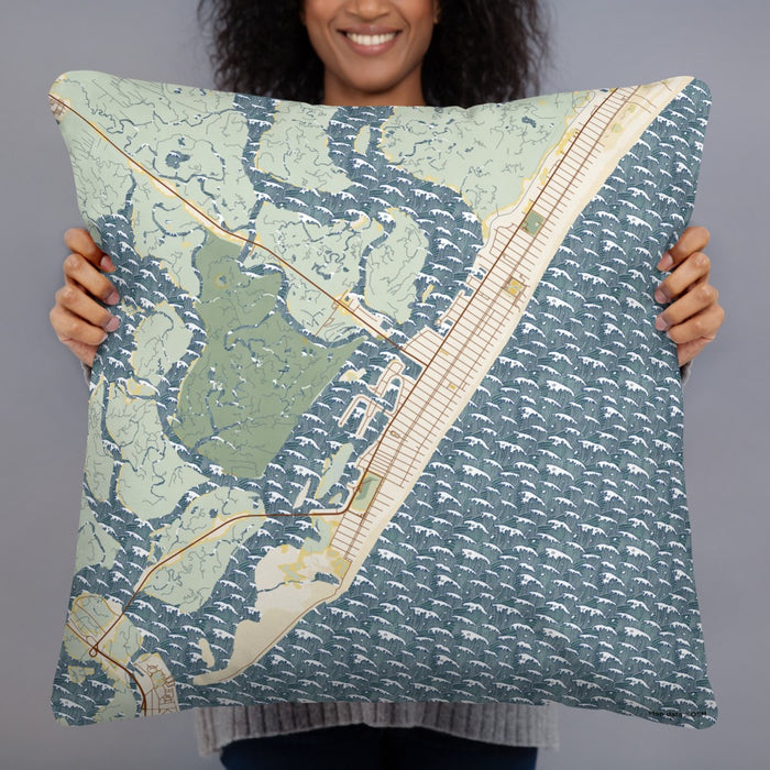 Person holding 22x22 Custom Stone Harbor New Jersey Map Throw Pillow in Woodblock