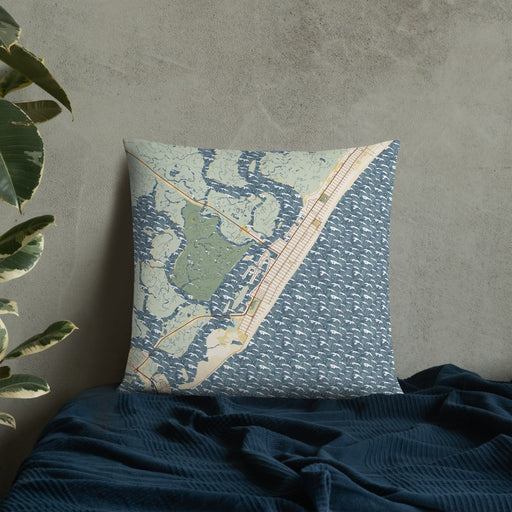 Custom Stone Harbor New Jersey Map Throw Pillow in Woodblock on Bedding Against Wall