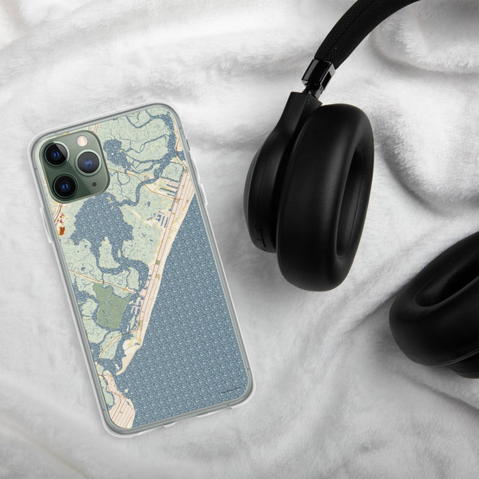 Custom Stone Harbor New Jersey Map Phone Case in Woodblock on Table with Black Headphones