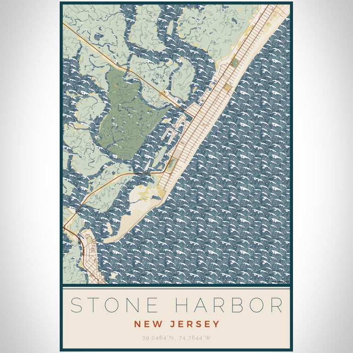 Stone Harbor New Jersey Map Print Portrait Orientation in Woodblock Style With Shaded Background
