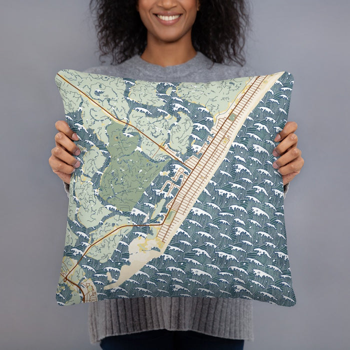 Person holding 18x18 Custom Stone Harbor New Jersey Map Throw Pillow in Woodblock