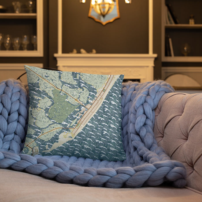 Custom Stone Harbor New Jersey Map Throw Pillow in Woodblock on Cream Colored Couch