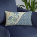 Custom Stone Harbor New Jersey Map Throw Pillow in Woodblock on Blue Colored Chair