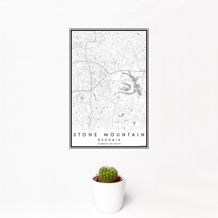 12x18 Stone Mountain Georgia Map Print Portrait Orientation in Classic Style With Small Cactus Plant in White Planter