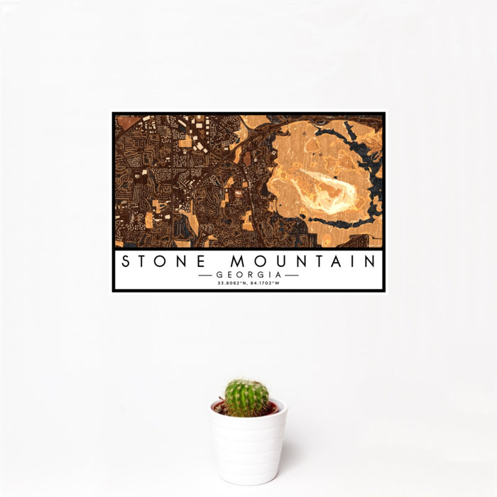 12x18 Stone Mountain Georgia Map Print Landscape Orientation in Ember Style With Small Cactus Plant in White Planter