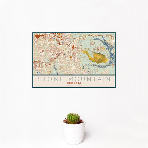 12x18 Stone Mountain Georgia Map Print Landscape Orientation in Woodblock Style With Small Cactus Plant in White Planter