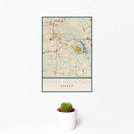 12x18 Stone Mountain Georgia Map Print Portrait Orientation in Woodblock Style With Small Cactus Plant in White Planter
