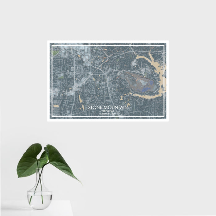 16x24 Stone Mountain Georgia Map Print Landscape Orientation in Afternoon Style With Tropical Plant Leaves in Water