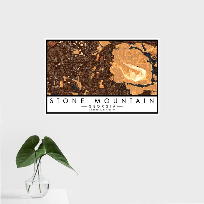 16x24 Stone Mountain Georgia Map Print Landscape Orientation in Ember Style With Tropical Plant Leaves in Water