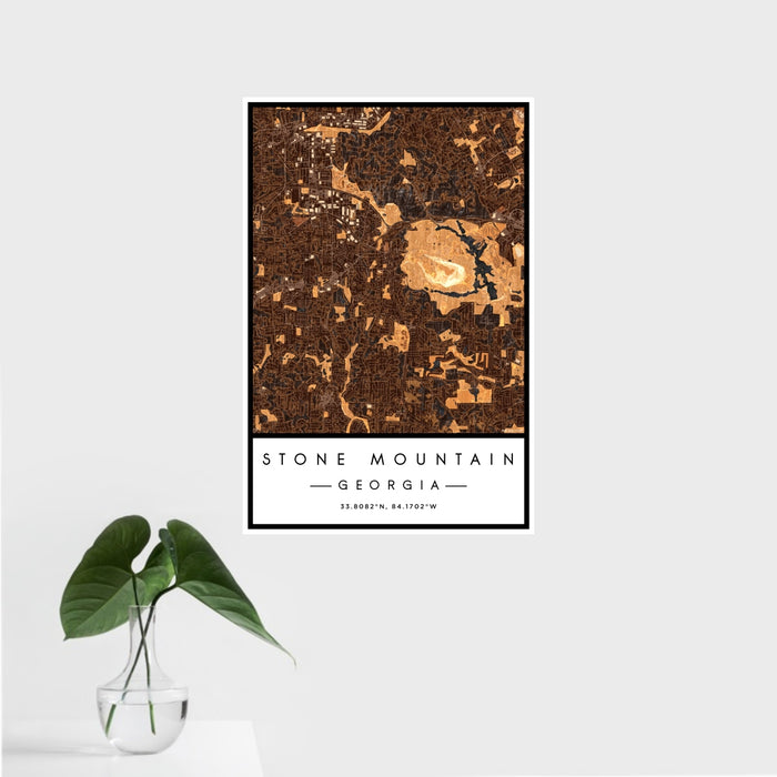16x24 Stone Mountain Georgia Map Print Portrait Orientation in Ember Style With Tropical Plant Leaves in Water