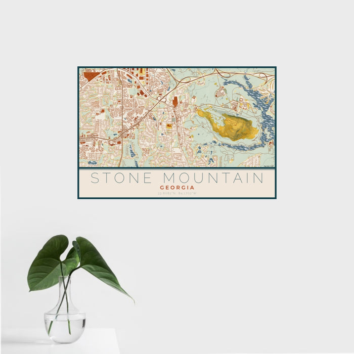 16x24 Stone Mountain Georgia Map Print Landscape Orientation in Woodblock Style With Tropical Plant Leaves in Water