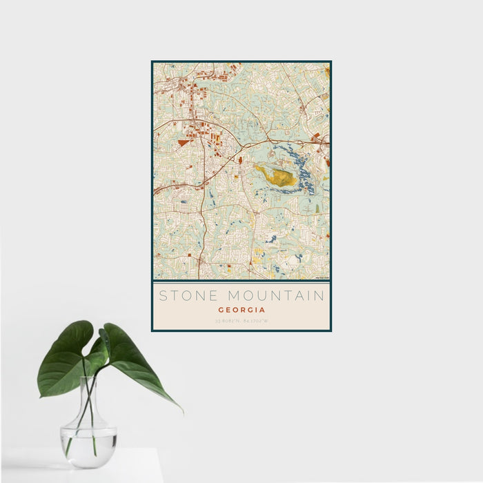 16x24 Stone Mountain Georgia Map Print Portrait Orientation in Woodblock Style With Tropical Plant Leaves in Water