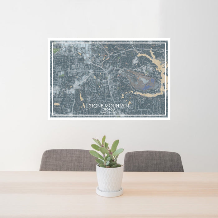 24x36 Stone Mountain Georgia Map Print Lanscape Orientation in Afternoon Style Behind 2 Chairs Table and Potted Plant