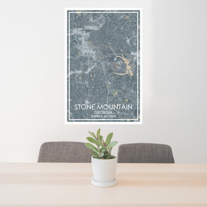 24x36 Stone Mountain Georgia Map Print Portrait Orientation in Afternoon Style Behind 2 Chairs Table and Potted Plant