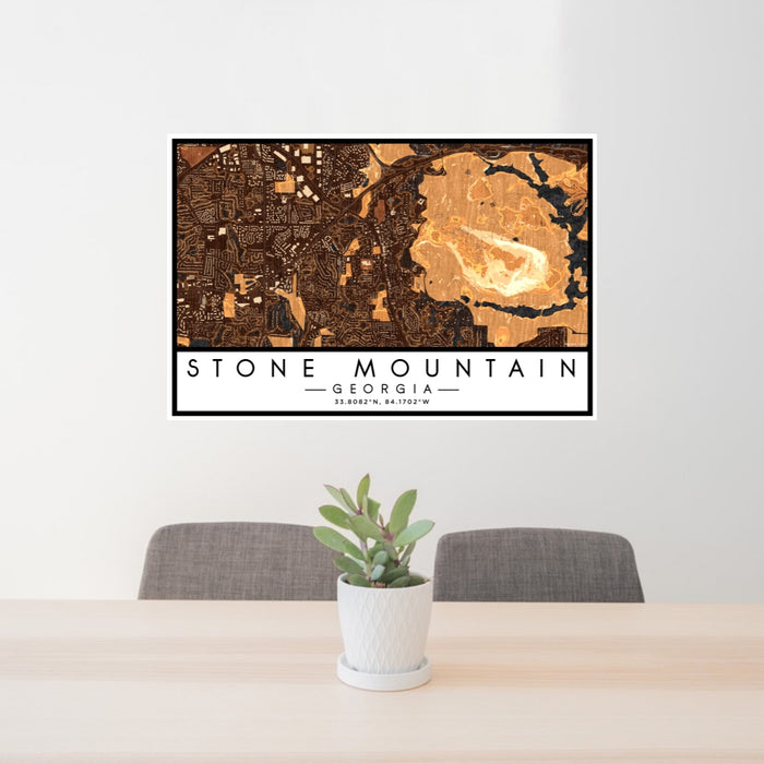 24x36 Stone Mountain Georgia Map Print Lanscape Orientation in Ember Style Behind 2 Chairs Table and Potted Plant