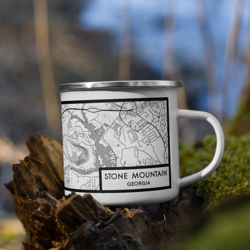 Right View Custom Stone Mountain Georgia Map Enamel Mug in Classic on Grass With Trees in Background