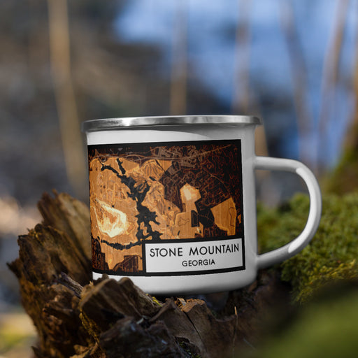 Right View Custom Stone Mountain Georgia Map Enamel Mug in Ember on Grass With Trees in Background