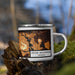 Right View Custom Stone Mountain Georgia Map Enamel Mug in Ember on Grass With Trees in Background