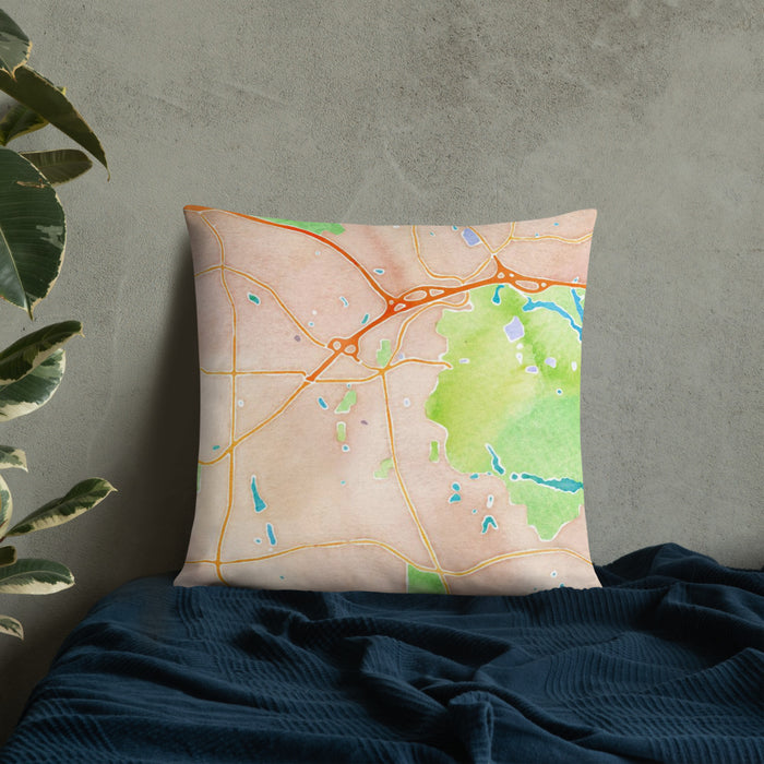 Custom Stone Mountain Georgia Map Throw Pillow in Watercolor on Bedding Against Wall