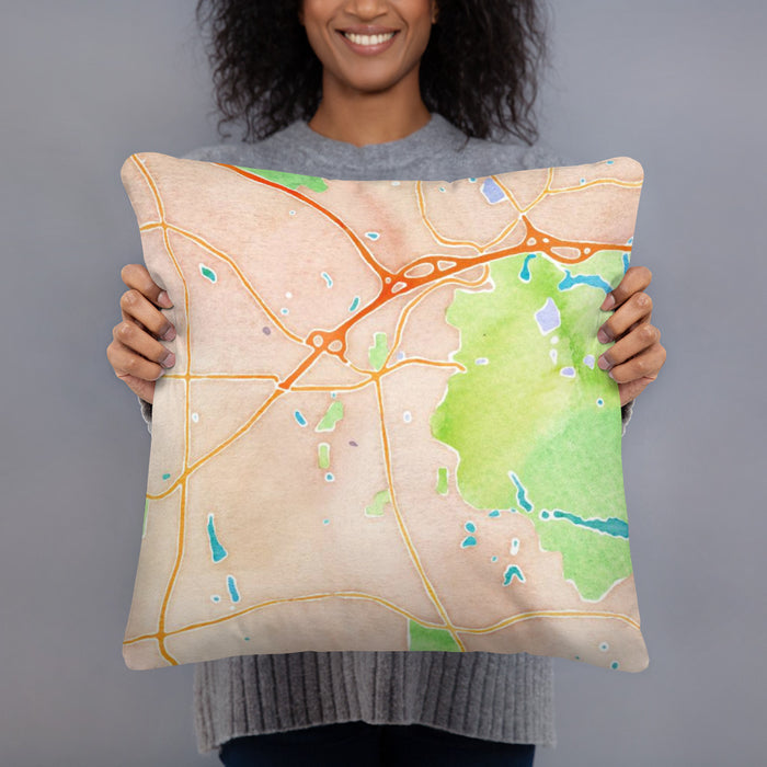 Person holding 18x18 Custom Stone Mountain Georgia Map Throw Pillow in Watercolor
