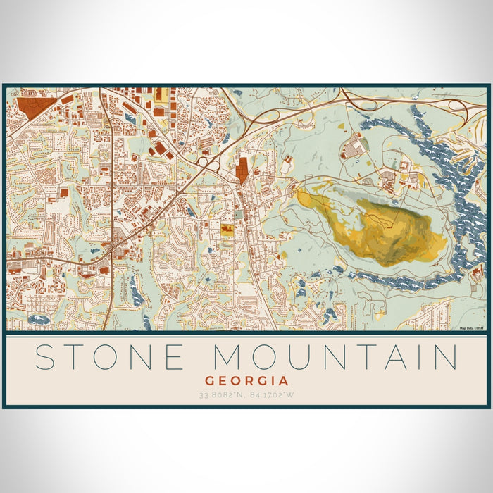 Stone Mountain Georgia Map Print Landscape Orientation in Woodblock Style With Shaded Background