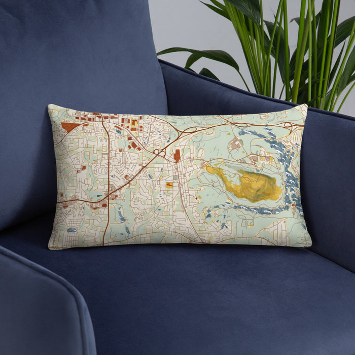 Custom Stone Mountain Georgia Map Throw Pillow in Woodblock on Blue Colored Chair