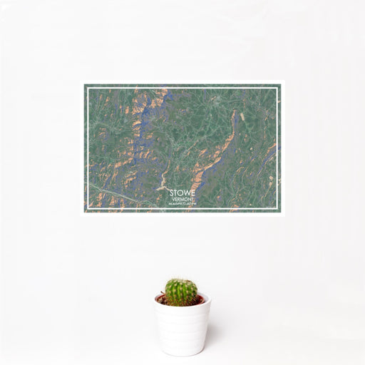 12x18 Stowe Vermont Map Print Landscape Orientation in Afternoon Style With Small Cactus Plant in White Planter