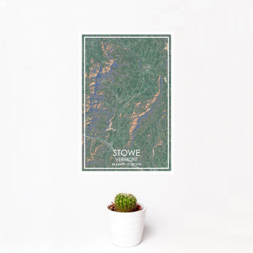 12x18 Stowe Vermont Map Print Portrait Orientation in Afternoon Style With Small Cactus Plant in White Planter