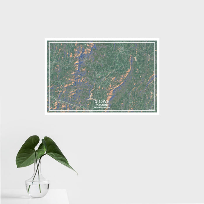 16x24 Stowe Vermont Map Print Landscape Orientation in Afternoon Style With Tropical Plant Leaves in Water