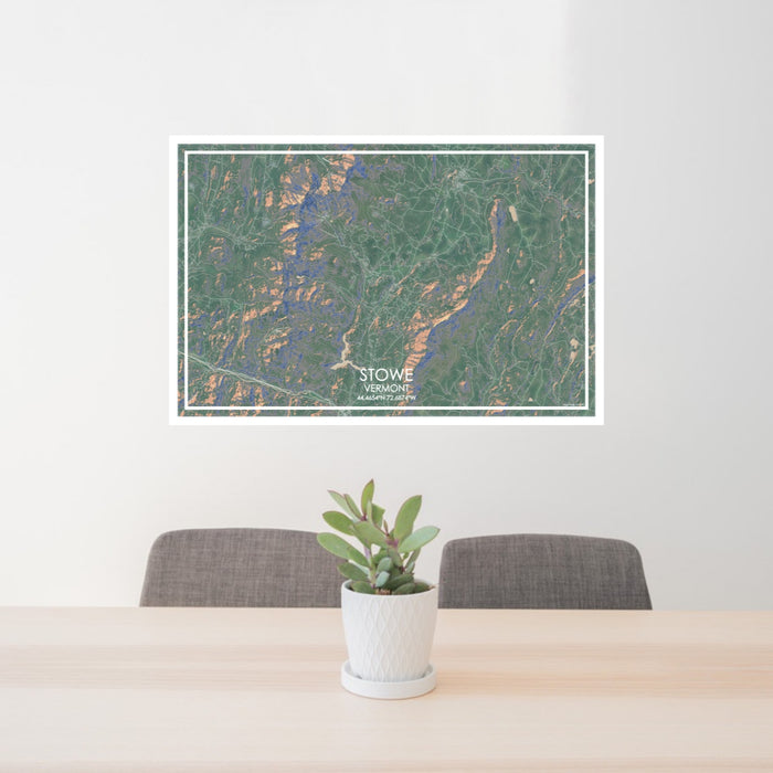 24x36 Stowe Vermont Map Print Lanscape Orientation in Afternoon Style Behind 2 Chairs Table and Potted Plant