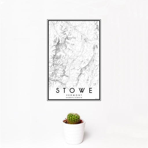 12x18 Stowe Vermont Map Print Portrait Orientation in Classic Style With Small Cactus Plant in White Planter