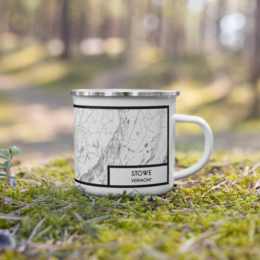 Right View Custom Stowe Vermont Map Enamel Mug in Classic on Grass With Trees in Background