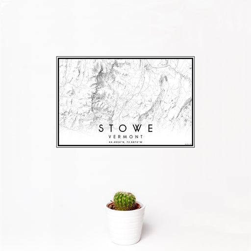12x18 Stowe Vermont Map Print Landscape Orientation in Classic Style With Small Cactus Plant in White Planter