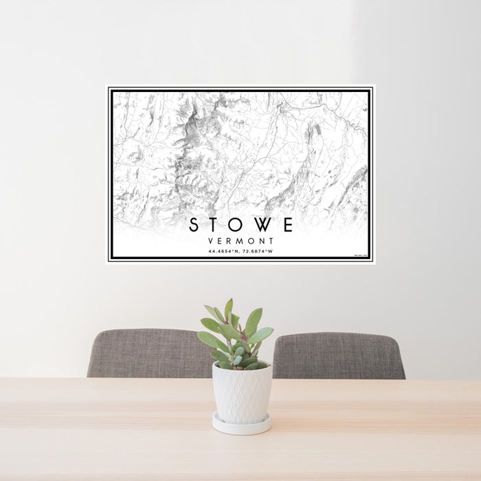 24x36 Stowe Vermont Map Print Landscape Orientation in Classic Style Behind 2 Chairs Table and Potted Plant