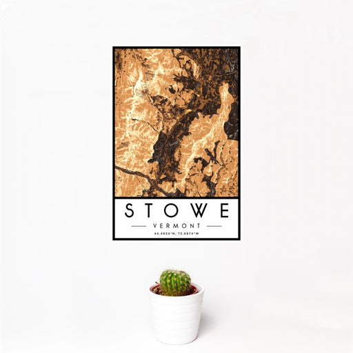 12x18 Stowe Vermont Map Print Portrait Orientation in Ember Style With Small Cactus Plant in White Planter