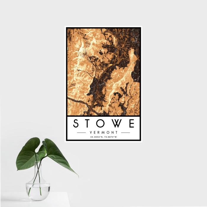 16x24 Stowe Vermont Map Print Portrait Orientation in Ember Style With Tropical Plant Leaves in Water