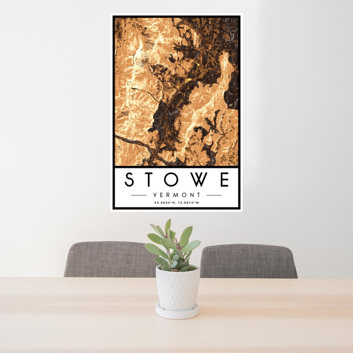 24x36 Stowe Vermont Map Print Portrait Orientation in Ember Style Behind 2 Chairs Table and Potted Plant