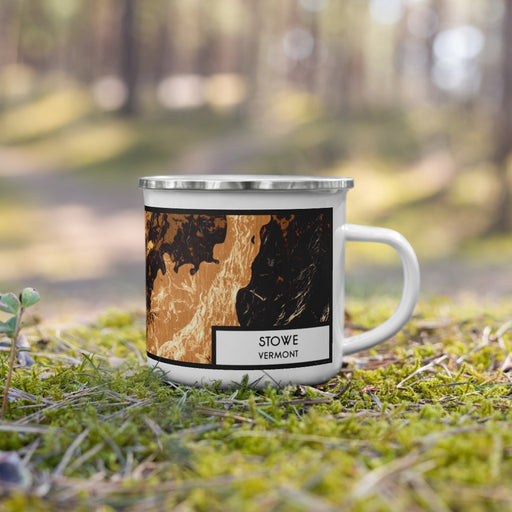 Right View Custom Stowe Vermont Map Enamel Mug in Ember on Grass With Trees in Background