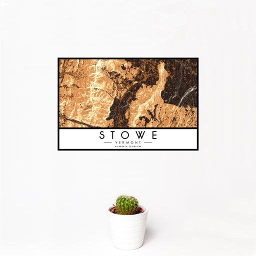 12x18 Stowe Vermont Map Print Landscape Orientation in Ember Style With Small Cactus Plant in White Planter