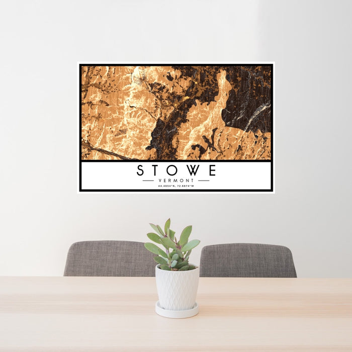 24x36 Stowe Vermont Map Print Landscape Orientation in Ember Style Behind 2 Chairs Table and Potted Plant
