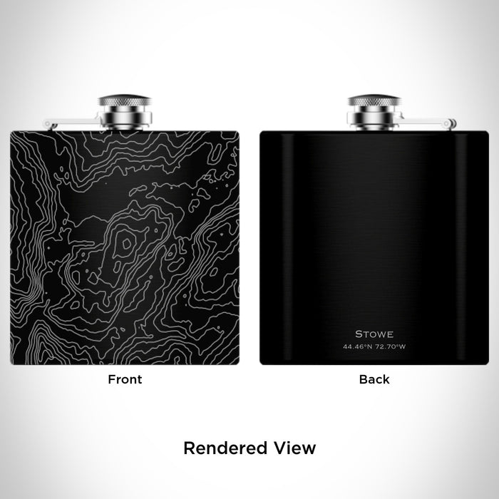 Rendered View of Stowe Vermont Map Engraving on 6oz Stainless Steel Flask in Black