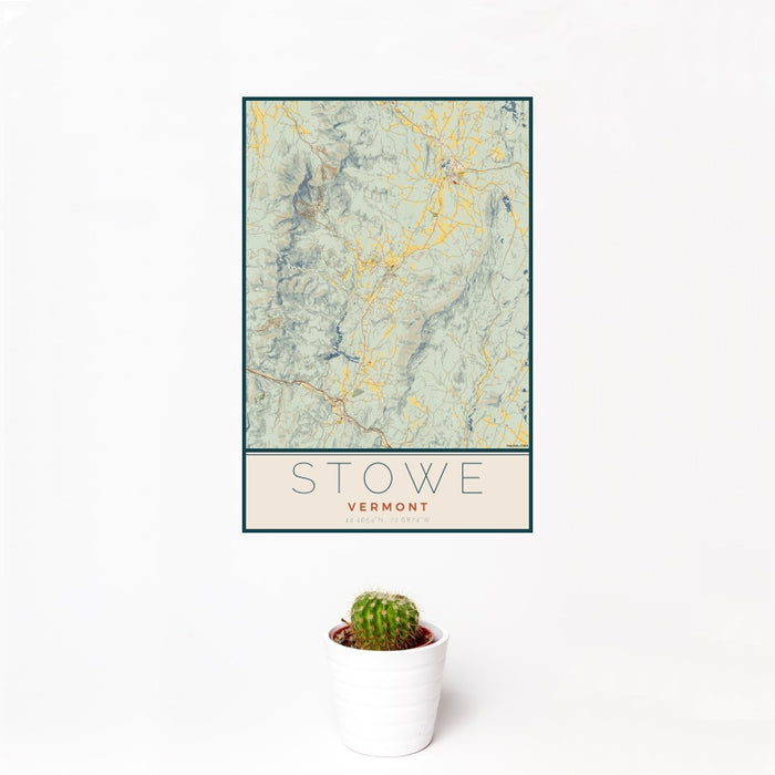 12x18 Stowe Vermont Map Print Portrait Orientation in Woodblock Style With Small Cactus Plant in White Planter