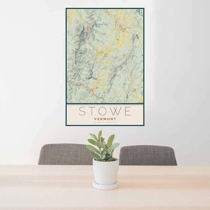 24x36 Stowe Vermont Map Print Portrait Orientation in Woodblock Style Behind 2 Chairs Table and Potted Plant