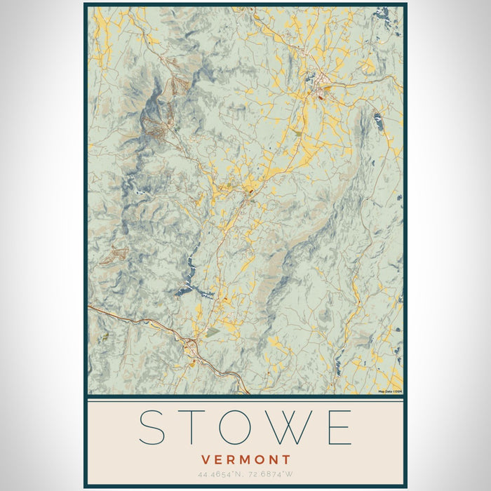 Stowe Vermont Map Print Portrait Orientation in Woodblock Style With Shaded Background