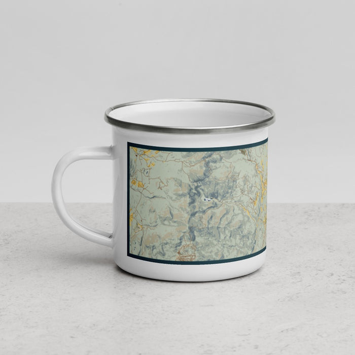 Left View Custom Stowe Vermont Map Enamel Mug in Woodblock