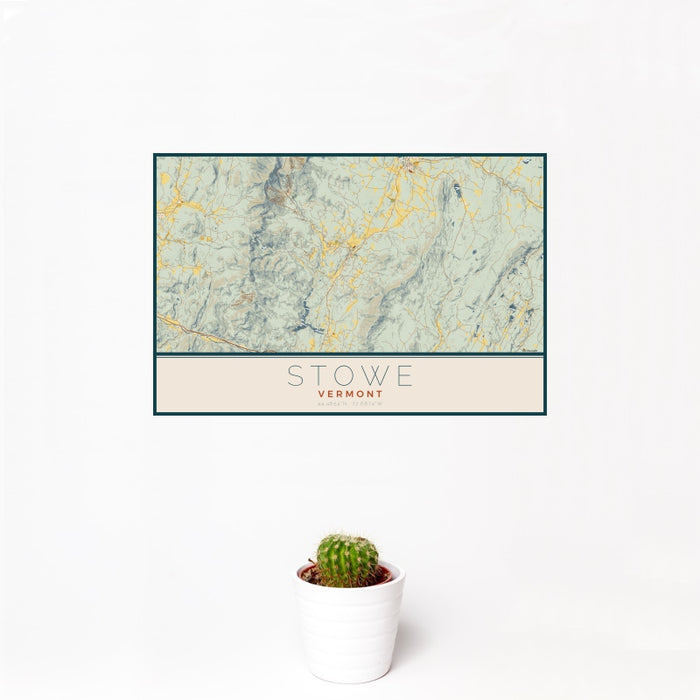 12x18 Stowe Vermont Map Print Landscape Orientation in Woodblock Style With Small Cactus Plant in White Planter