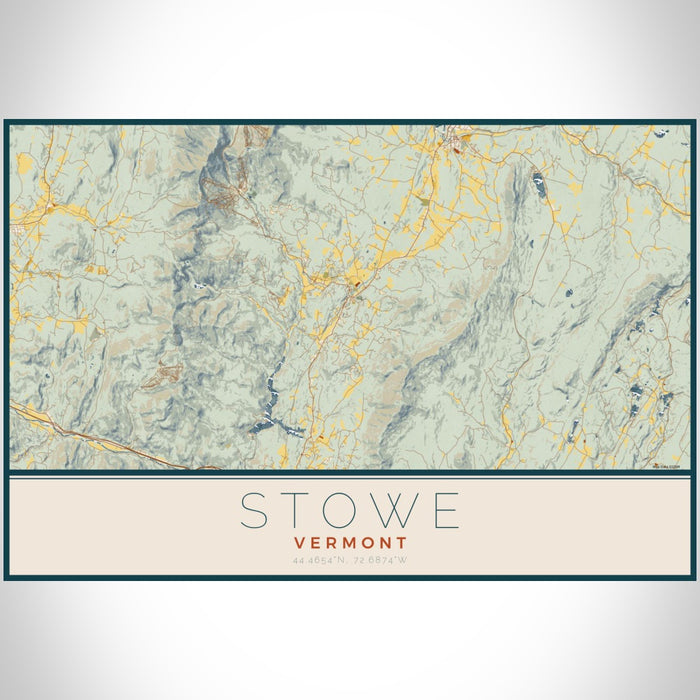 Stowe Vermont Map Print Landscape Orientation in Woodblock Style With Shaded Background