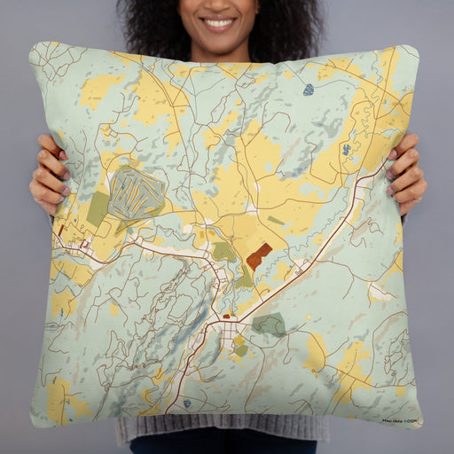 Person holding 22x22 Custom Stowe Vermont Map Throw Pillow in Woodblock